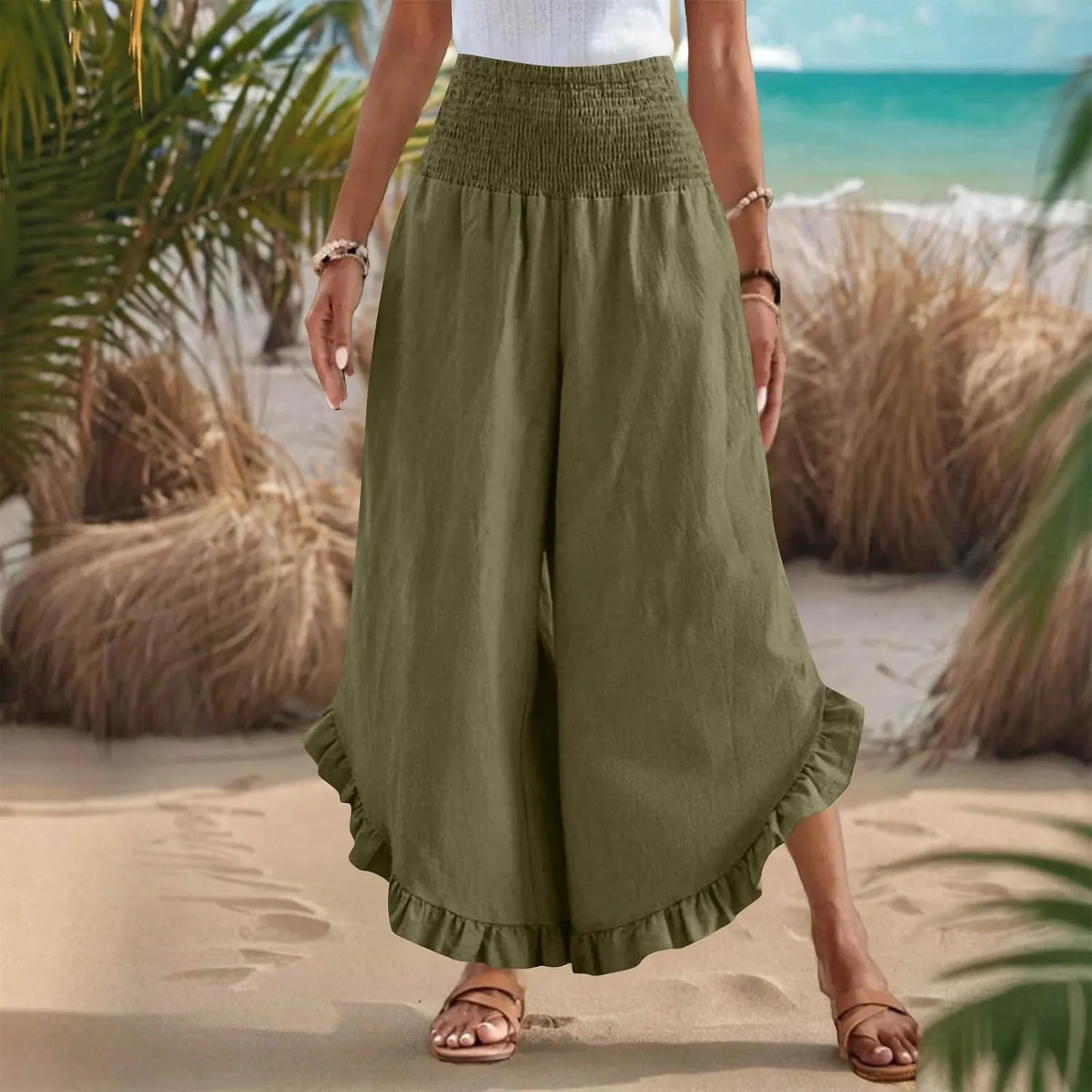 Women Palazzo Pants Summer Boho Flowy Wide Leg Smocked Waist Ruffle Hem Beach Gauze Trousers Pant Vacation Outfits
