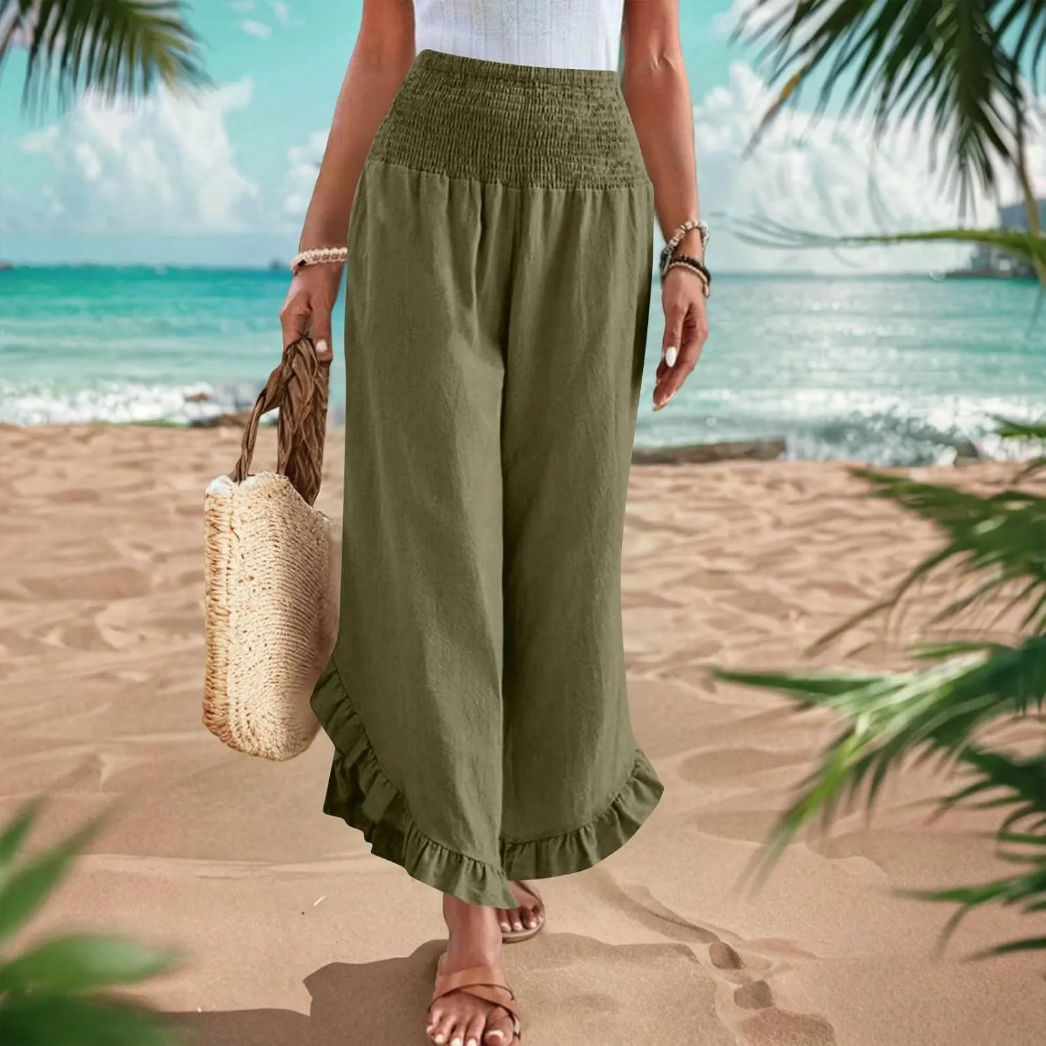 Women Palazzo Pants Summer Boho Flowy Wide Leg Smocked Waist Ruffle Hem Beach Gauze Trousers Pant Vacation Outfits