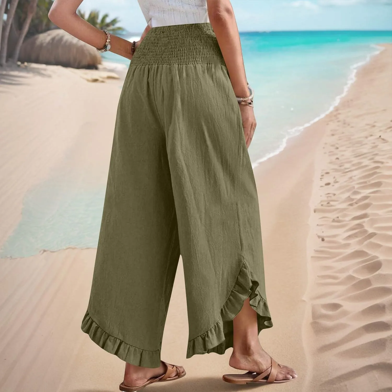 Women Palazzo Pants Summer Boho Flowy Wide Leg Smocked Waist Ruffle Hem Beach Gauze Trousers Pant Vacation Outfits