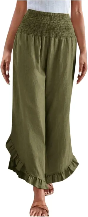 Women Palazzo Pants Summer Boho Flowy Wide Leg Smocked Waist Ruffle Hem Beach Gauze Trousers Pant Vacation Outfits
