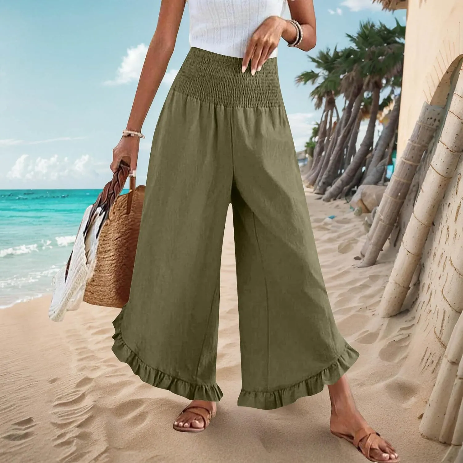 Women Palazzo Pants Summer Boho Flowy Wide Leg Smocked Waist Ruffle Hem Beach Gauze Trousers Pant Vacation Outfits