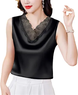 Women Satin Camisole V-Neck Sleeveless Casual Tank Top Summer Patchwork Lace Vest