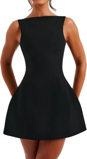 Women Sexy Backless Mini Dress Solid Color Sleeveless Open Back A Line Tank Dress Formal College Graduation Dresses