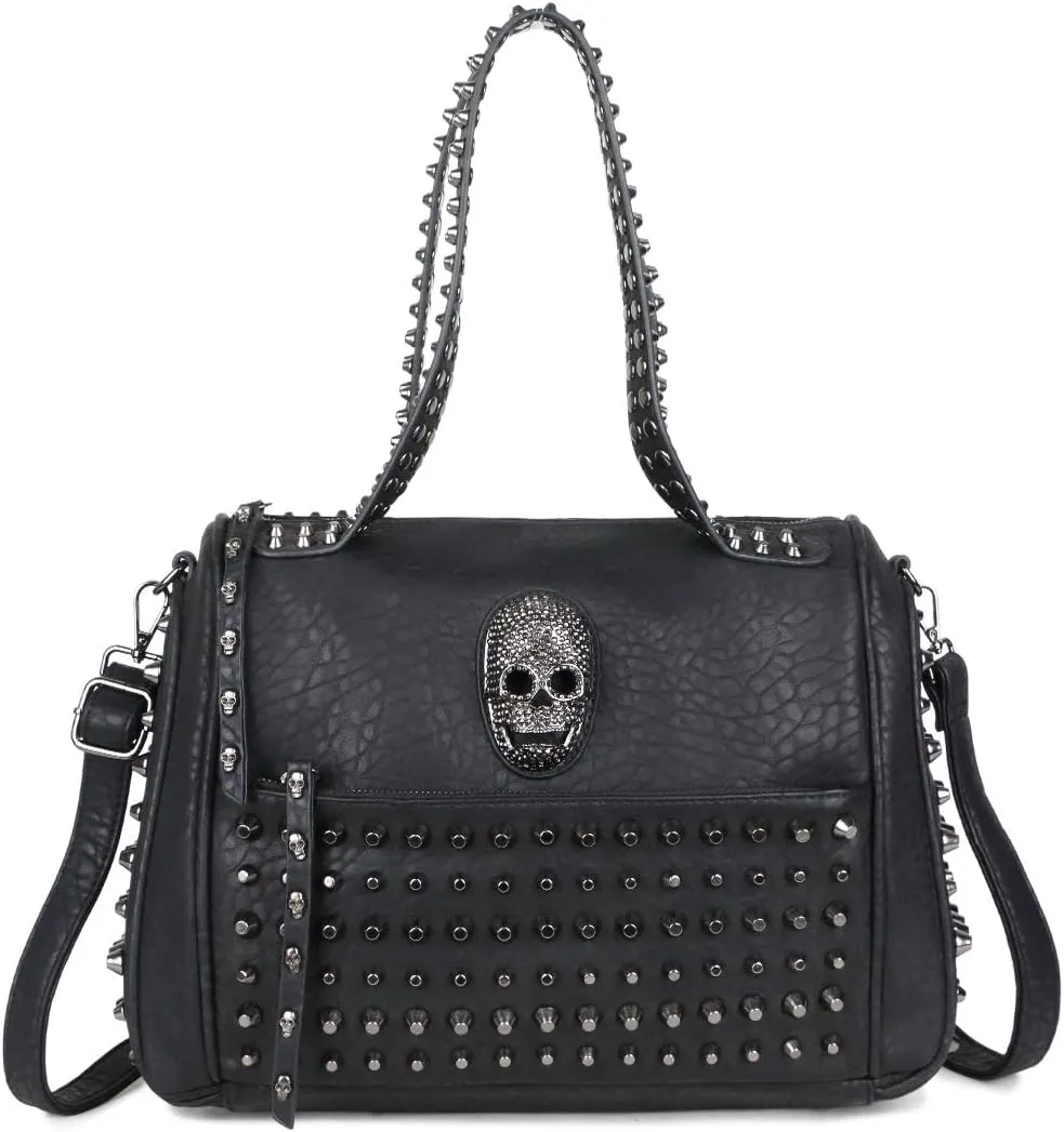 Women Skull Handbag and Purse Punk Rivet Hobo Tote Satchels Shoulder Crossbody Bag Clutch, One Color, One Size