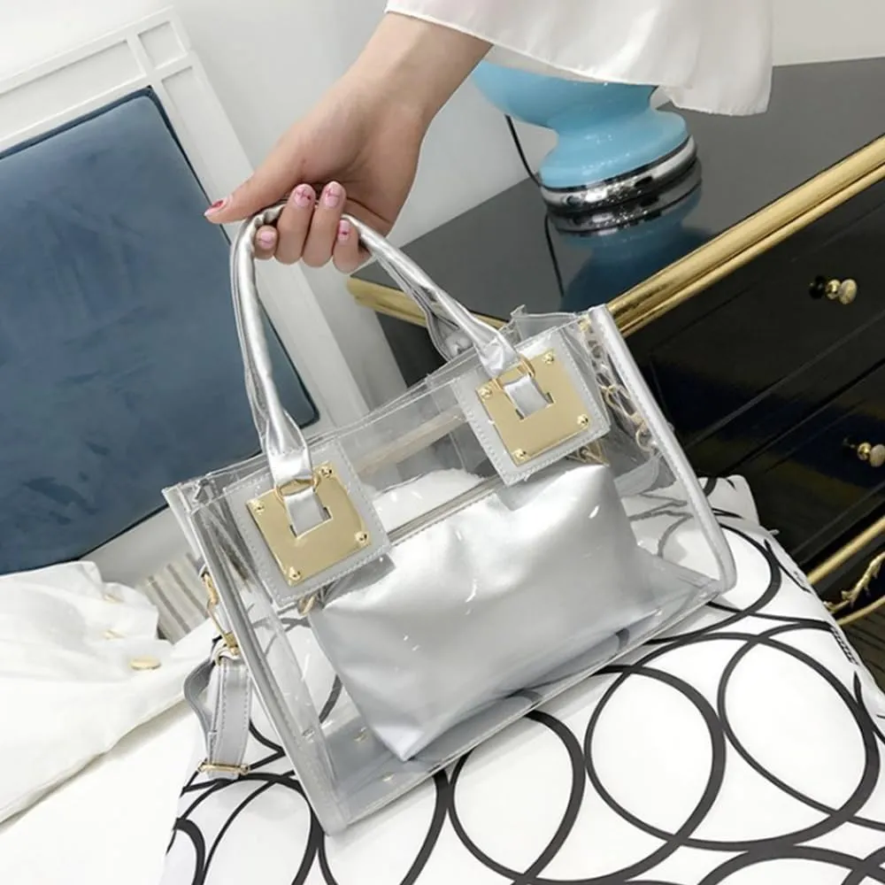 Women Small Jelly Purse and Handbag 2pcs Transparent Top Handle Shoulder Bags Satchel