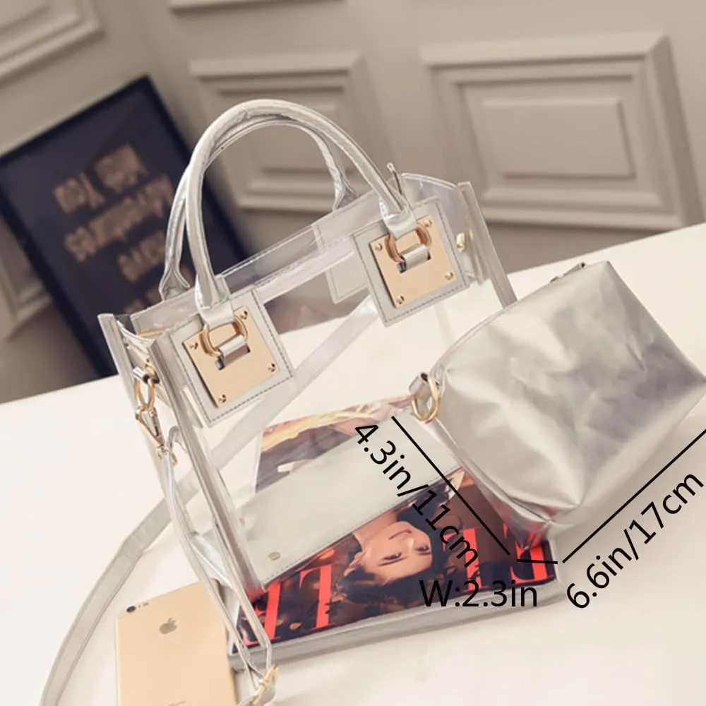 Women Small Jelly Purse and Handbag 2pcs Transparent Top Handle Shoulder Bags Satchel
