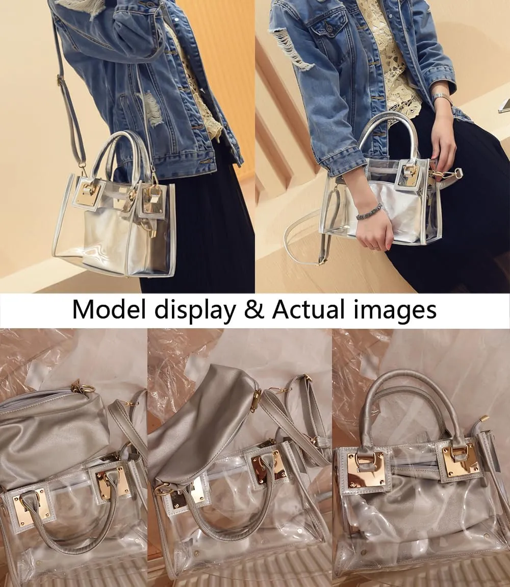 Women Small Jelly Purse and Handbag 2pcs Transparent Top Handle Shoulder Bags Satchel
