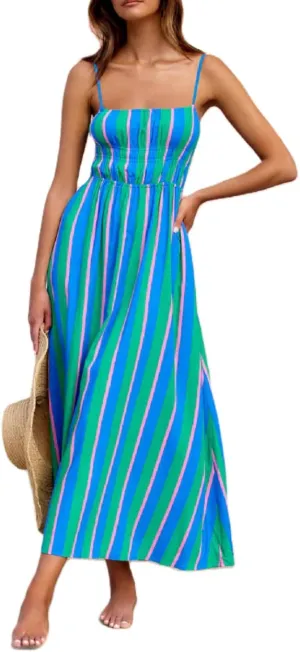 Women Spaghetti Strap Floral Sundress Smocked Backless Flowy Maxi Dress Sleeveless Boho Beach Long Dresses