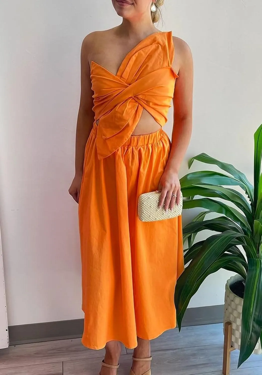 Women Summer Spaghetti Strap Dresses Sleeveless One Shoulder Twist Cut Out a Line Flowy Dress Casual Maxi Dress