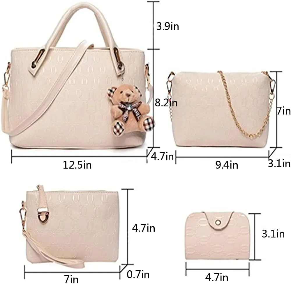 Women Tote Hobo Handbag Wallet Synthetic PU Leather Shouder Backpack 4pcs Set Clutch Purse Satchels with Bear Pendant