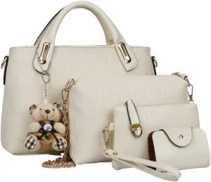 Women Tote Hobo Handbag Wallet Synthetic PU Leather Shouder Backpack 4pcs Set Clutch Purse Satchels with Bear Pendant