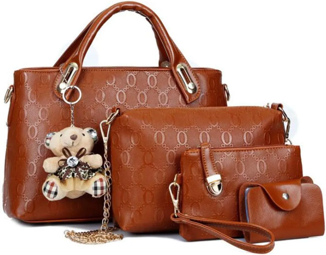 Women Tote Hobo Handbag Wallet Synthetic PU Leather Shouder Backpack 4pcs Set Clutch Purse Satchels with Bear Pendant