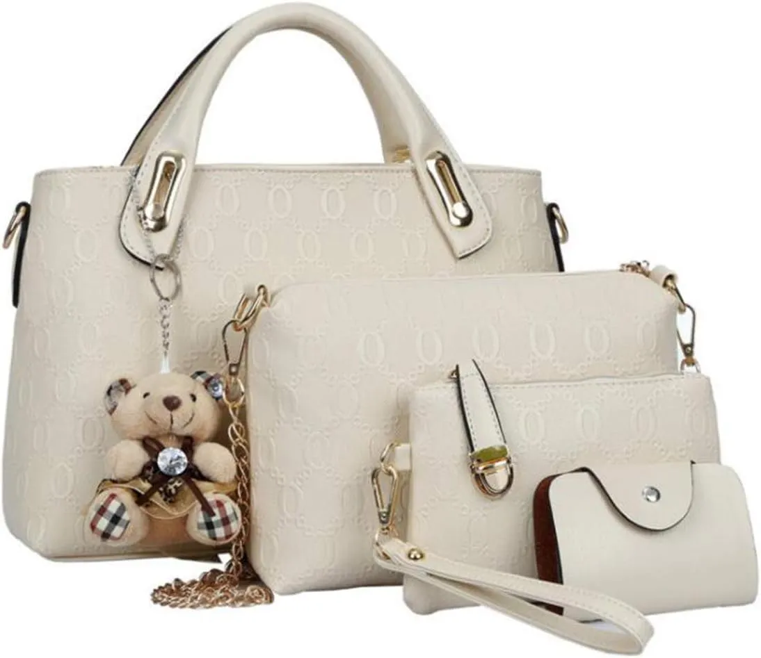 Women Tote Hobo Handbag Wallet Synthetic PU Leather Shouder Backpack 4pcs Set Clutch Purse Satchels with Bear Pendant