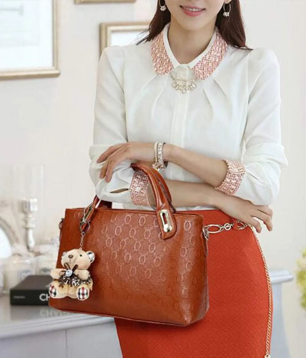 Women Tote Hobo Handbag Wallet Synthetic PU Leather Shouder Backpack 4pcs Set Clutch Purse Satchels with Bear Pendant