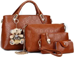 Women Tote Hobo Handbag Wallet Synthetic PU Leather Shouder Backpack 4pcs Set Clutch Purse Satchels with Bear Pendant
