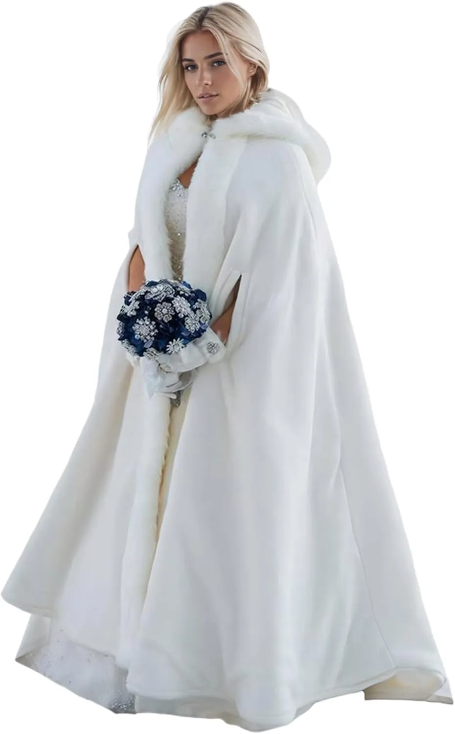 Women Wedding Cloak Shawl:Wedding Cape,Faux Fur Coat Hooded Cloak,White Faux Fur Jacket Bridal Coats Wraps