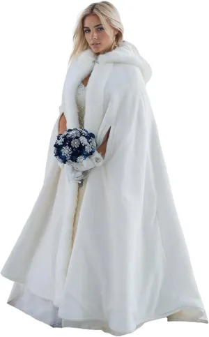 Women Wedding Cloak Shawl:Wedding Cape,Faux Fur Coat Hooded Cloak,White Faux Fur Jacket Bridal Coats Wraps