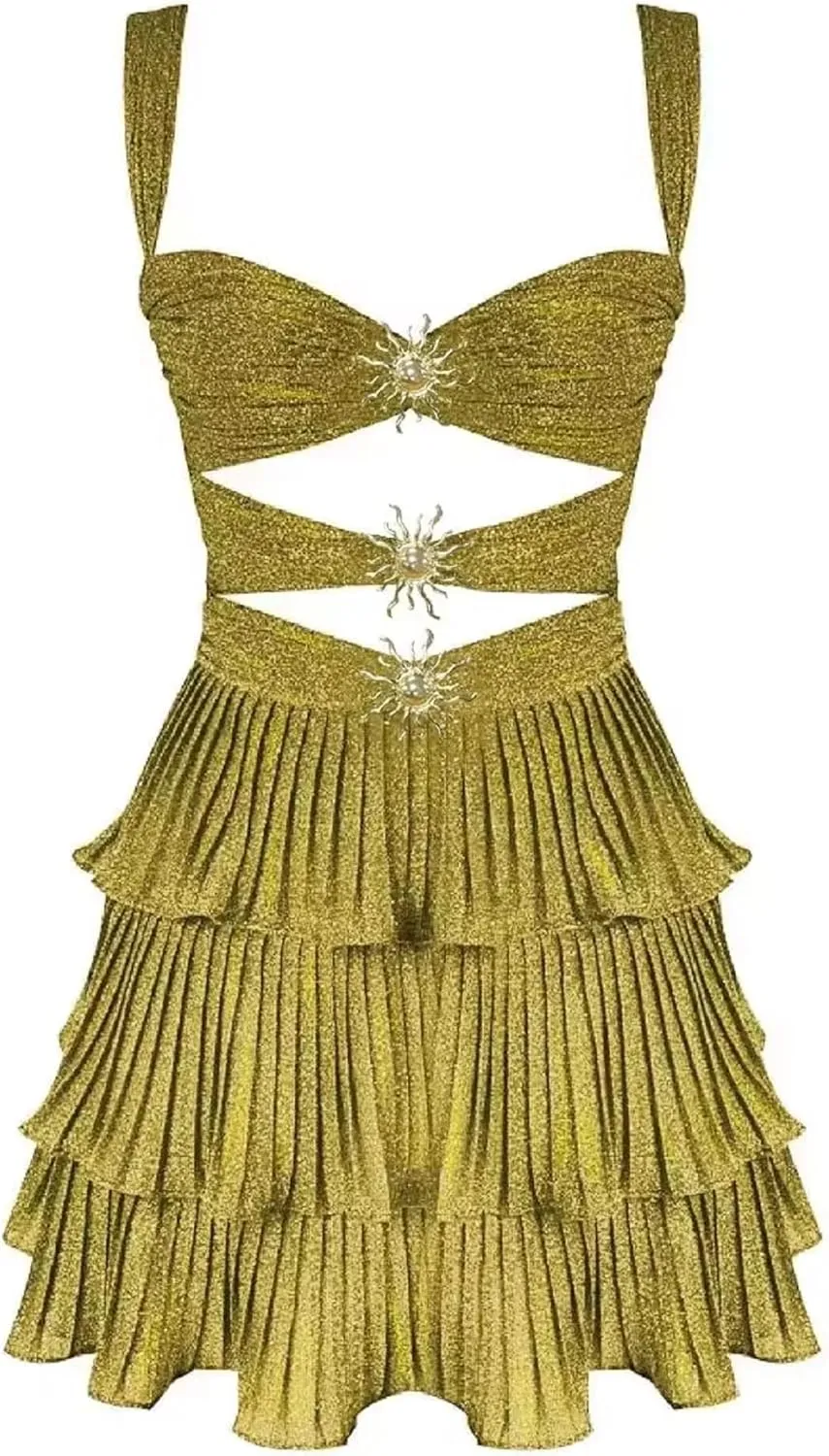 Women Y2k Starfish Mini Dress Sleeveless Sequin Bodycon Short Dress Sexy Sparkly Ruffle Hem Beach Party Dresses