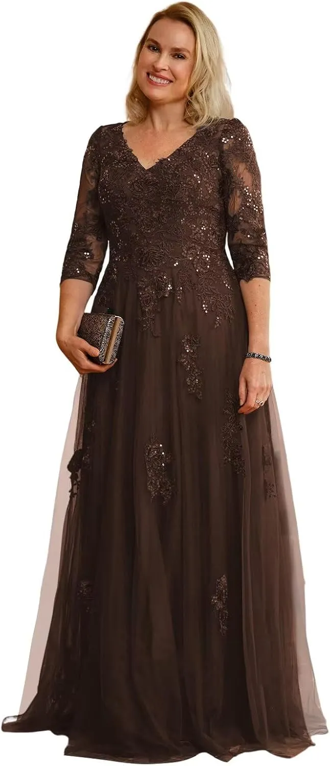 Women's 3/4 Sleeve Mother of The Bride Dresses 2025 Lace Applique Pleated Formal Party Dress DE222