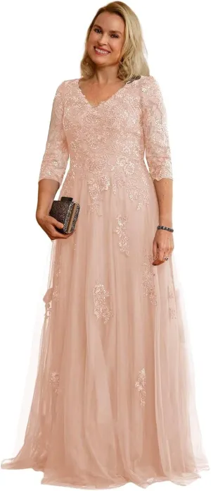 Women's 3/4 Sleeve Mother of The Bride Dresses 2025 Lace Applique Pleated Formal Party Dress DE222
