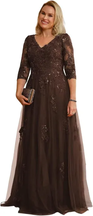 Women's 3/4 Sleeve Mother of The Bride Dresses 2025 Lace Applique Pleated Formal Party Dress DE222