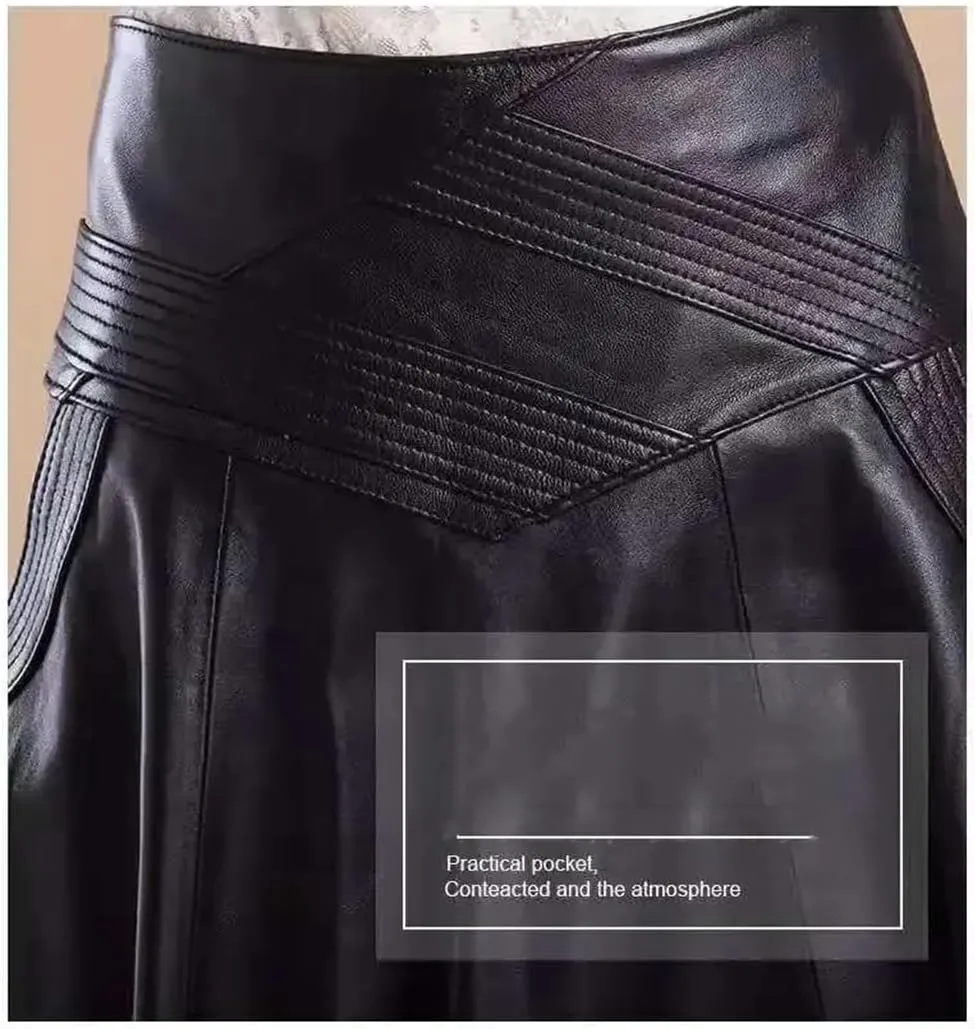 Women's A- Line PU Leather Skirt Knee-Length High-Waist Pleated Skirt Solid Woman Skirts Large-Size