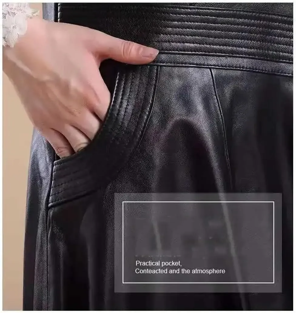 Women's A- Line PU Leather Skirt Knee-Length High-Waist Pleated Skirt Solid Woman Skirts Large-Size