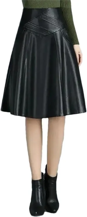 Women's A- Line PU Leather Skirt Knee-Length High-Waist Pleated Skirt Solid Woman Skirts Large-Size