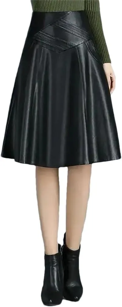 Women's A- Line PU Leather Skirt Knee-Length High-Waist Pleated Skirt Solid Woman Skirts Large-Size