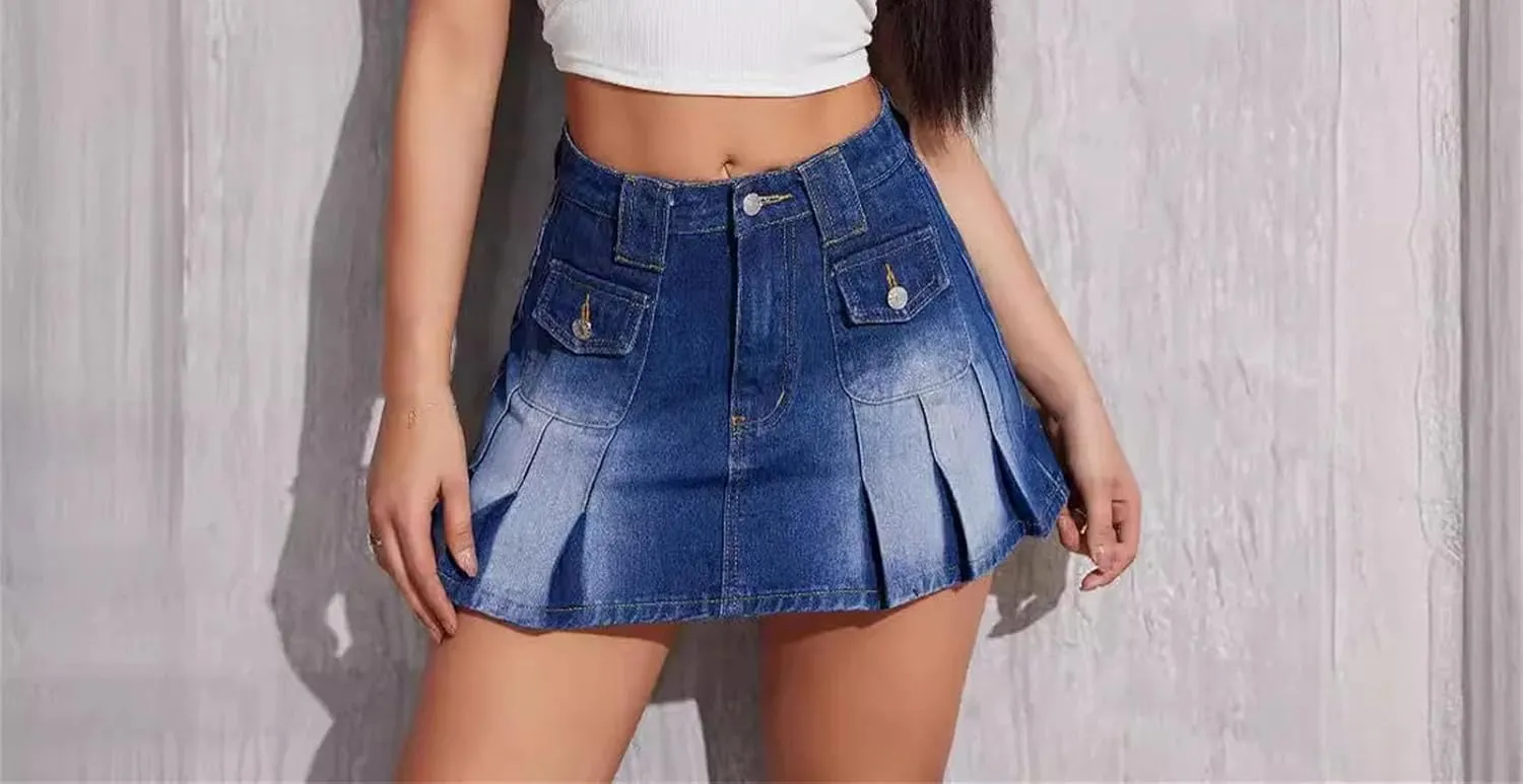 Women's American Style Washed Pleated Denim Skirt Summer High-Waisted Denim Half Body Skirt
