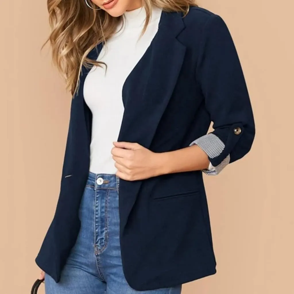 Womens Casual Comfy Blazers 3/4 Sleeve Lapel Button Slim Fit Work Office Blazer Jacket Open Front Lightweight Lounge Suit