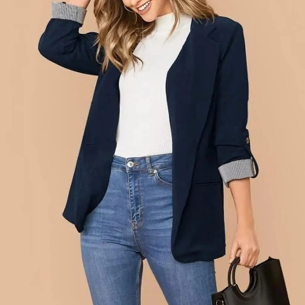 Womens Casual Comfy Blazers 3/4 Sleeve Lapel Button Slim Fit Work Office Blazer Jacket Open Front Lightweight Lounge Suit