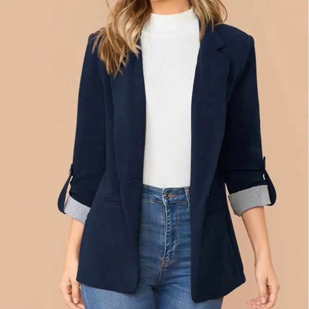 Womens Casual Comfy Blazers 3/4 Sleeve Lapel Button Slim Fit Work Office Blazer Jacket Open Front Lightweight Lounge Suit
