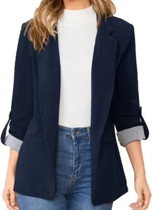 Womens Casual Comfy Blazers 3/4 Sleeve Lapel Button Slim Fit Work Office Blazer Jacket Open Front Lightweight Lounge Suit