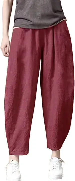 Womens Cotton Linen Harem Pants Vintage High Waist Elastic Ankle-Length Pants Loose Casual Beach Trousers