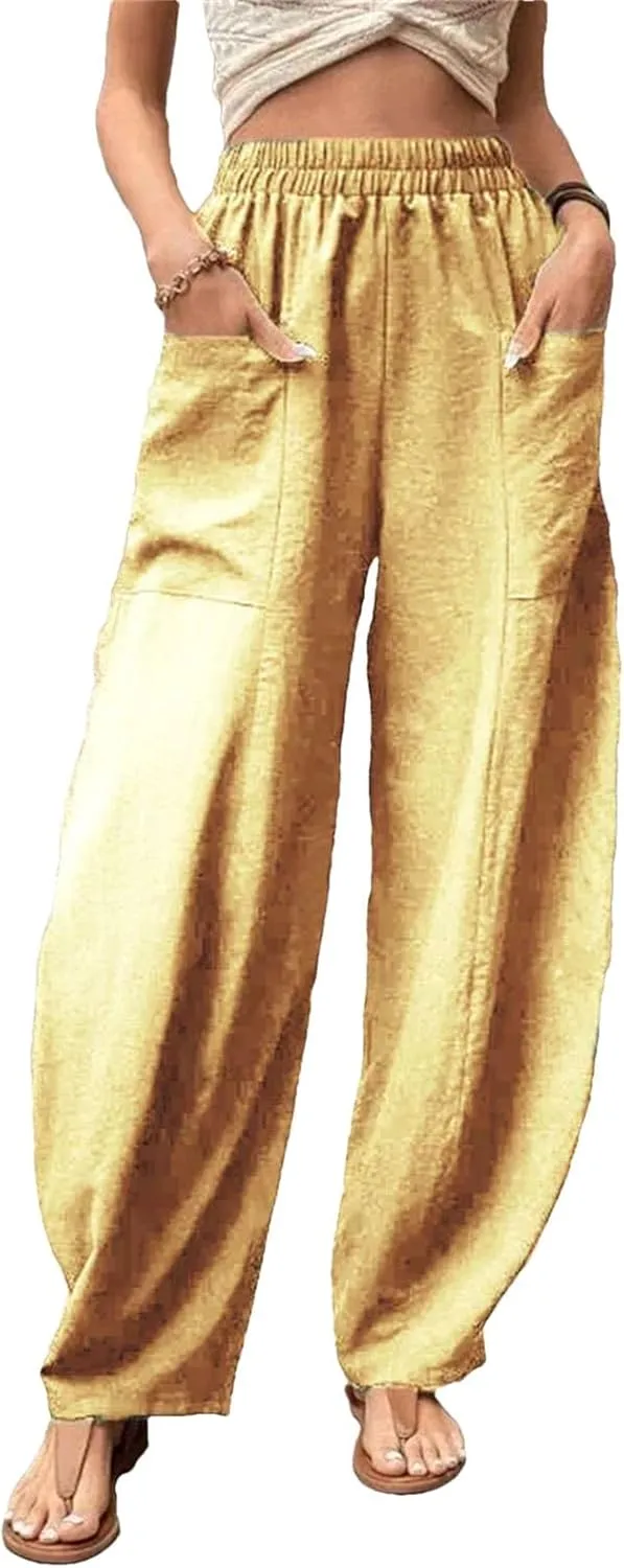 Women's Cotton Linen Harem Pants Vintage Loose Casual Trousers Elastic Waist Cargo Wide-Legged Pants