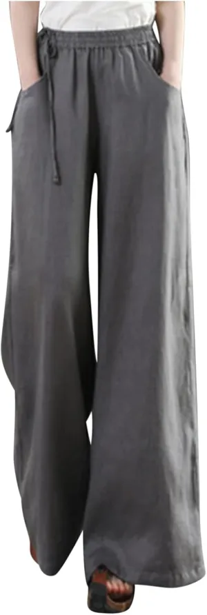Women's Cotton Linen Pants Casual Solid Wide Leg Trousers Loose Elastic Waist Drawstring Palazzo Pant with Pockets