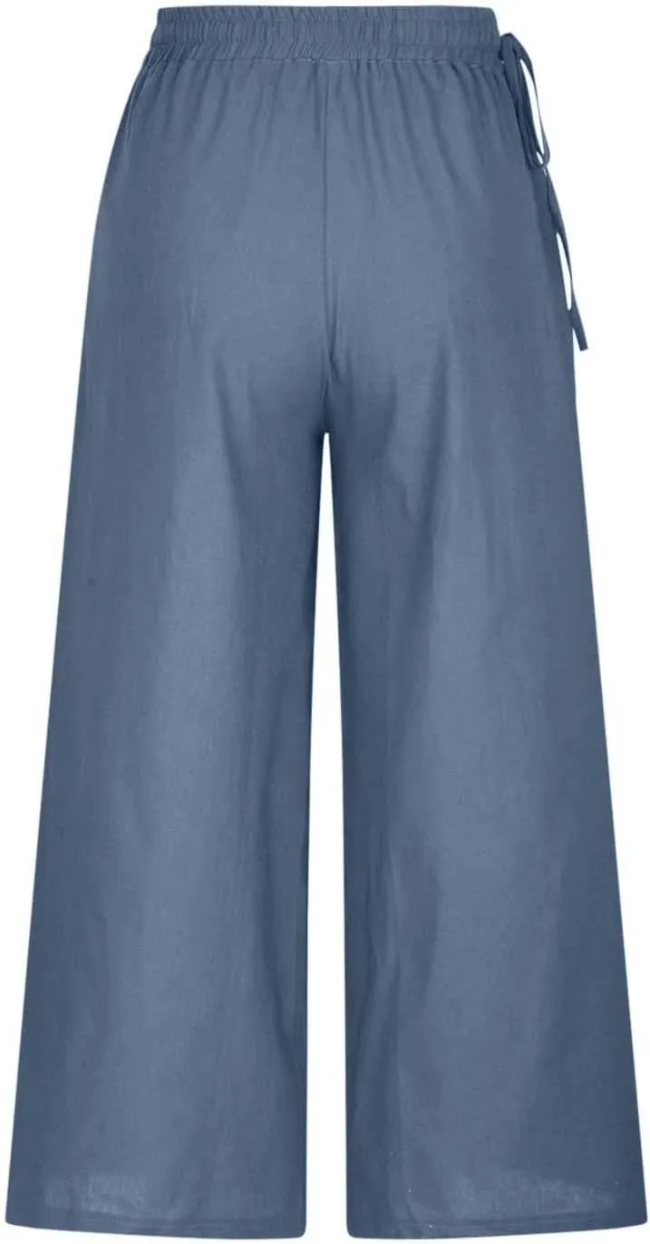 Women's Cotton Linen Pants Casual Solid Wide Leg Trousers Loose Elastic Waist Drawstring Palazzo Pant with Pockets