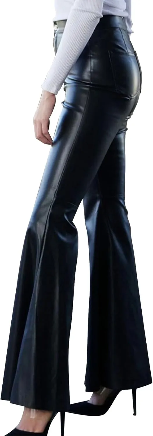 Women's Faux Leather Bell Botom Flare Pants High Waist Stretchy Leggings Wide Leg Trousers