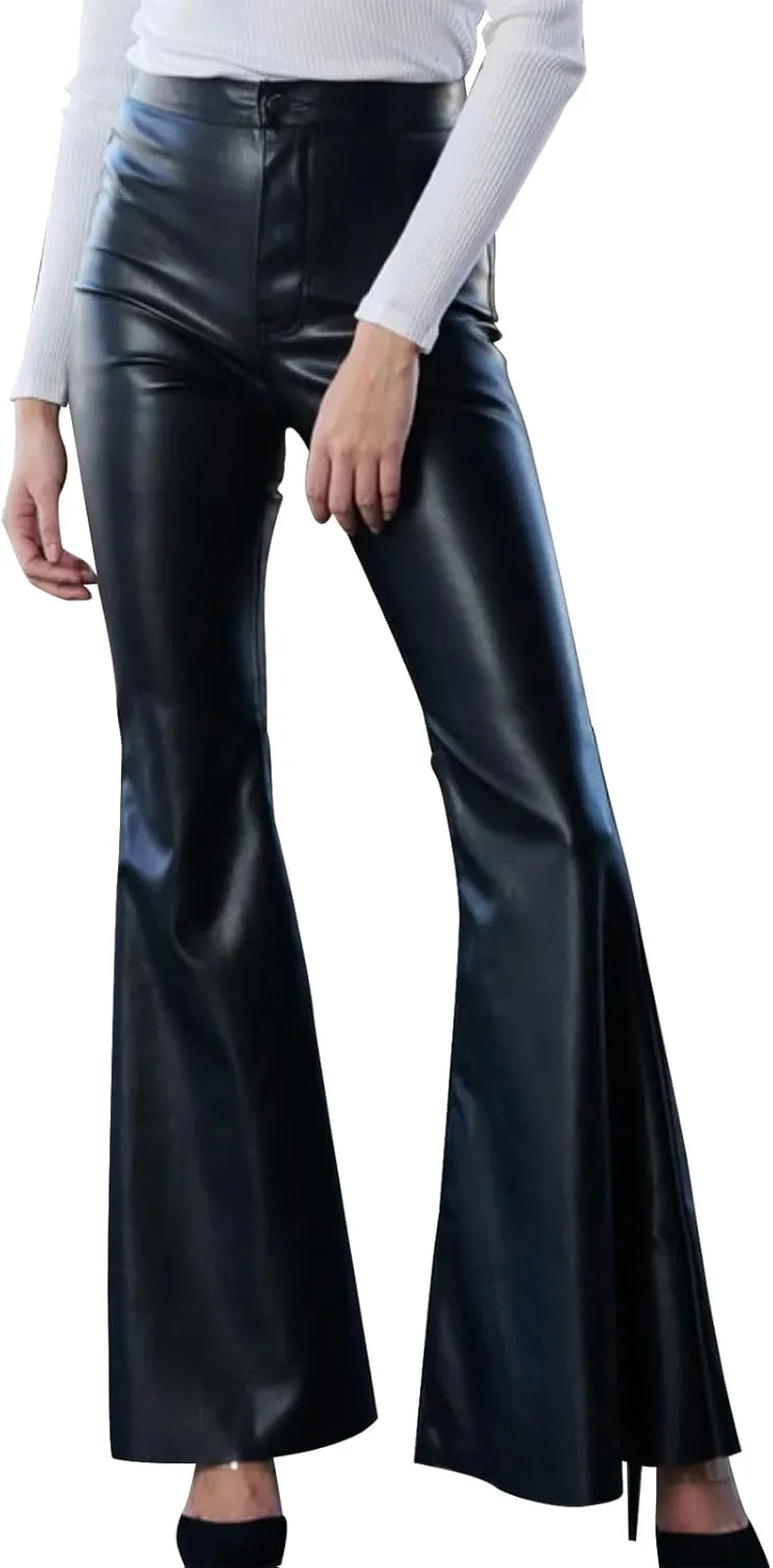 Women's Faux Leather Bell Botom Flare Pants High Waist Stretchy Leggings Wide Leg Trousers