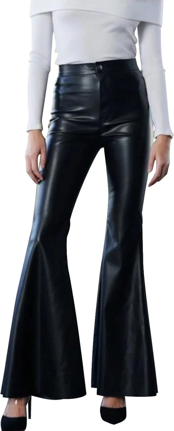 Women's Faux Leather Bell Botom Flare Pants High Waist Stretchy Leggings Wide Leg Trousers