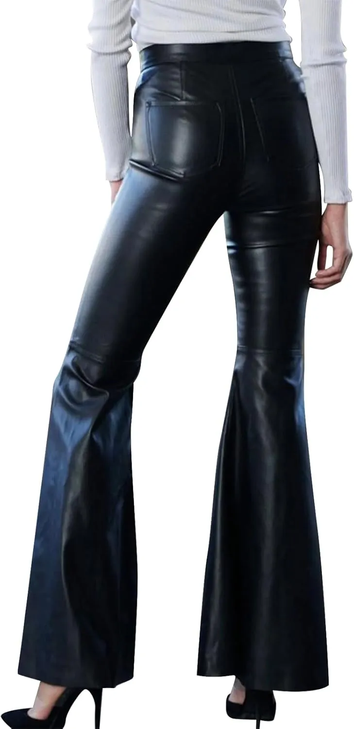 Women's Faux Leather Bell Botom Flare Pants High Waist Stretchy Leggings Wide Leg Trousers