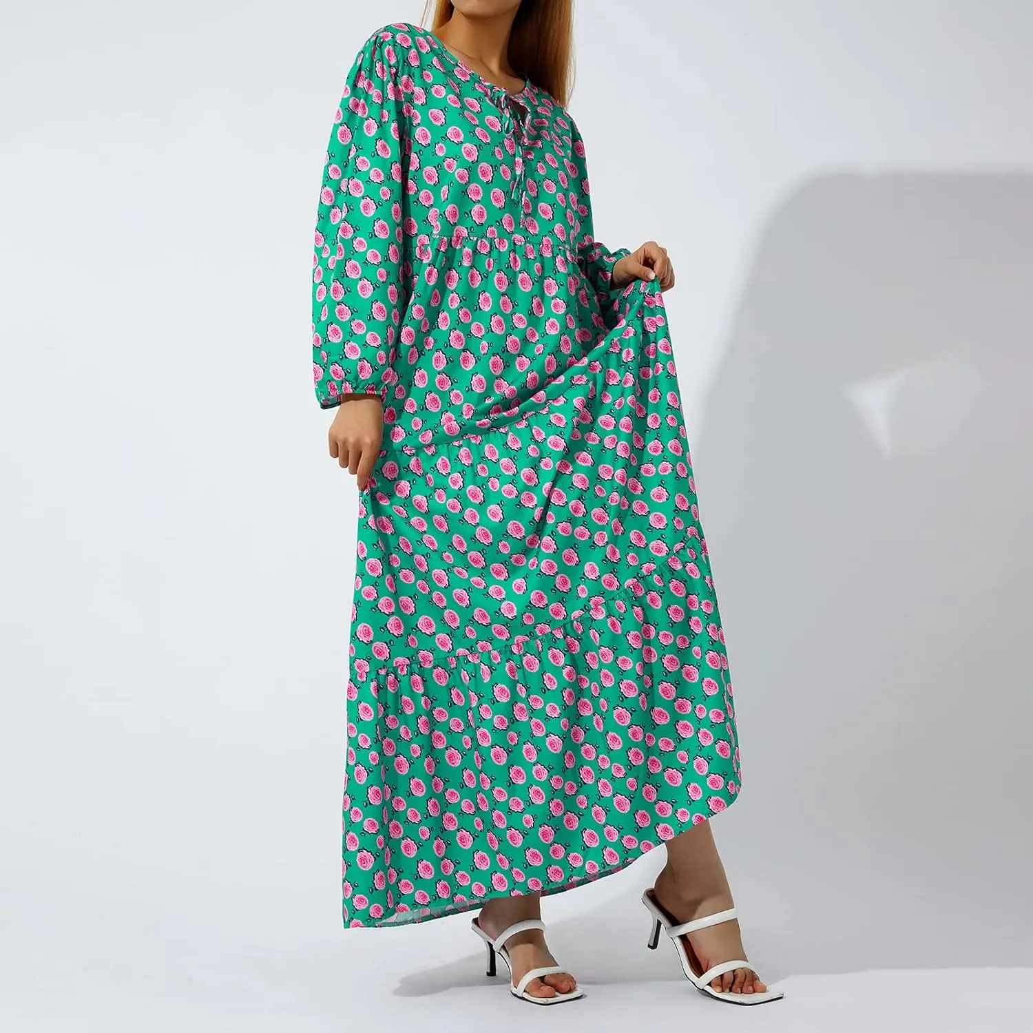Women's Floral Puff Sleeve Maxi Dress Summer Bohemian V Neck Tiered Long Dress Casual Loose Swing Beach Sundress