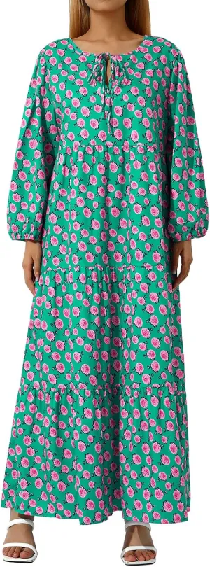 Women's Floral Puff Sleeve Maxi Dress Summer Bohemian V Neck Tiered Long Dress Casual Loose Swing Beach Sundress