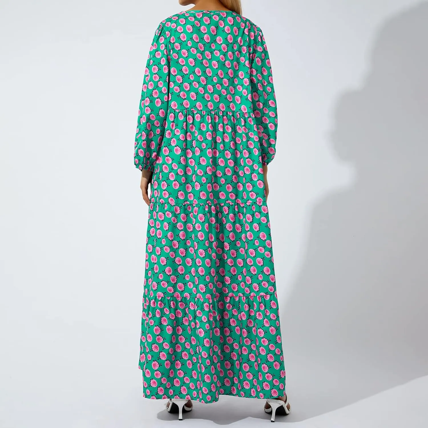 Women's Floral Puff Sleeve Maxi Dress Summer Bohemian V Neck Tiered Long Dress Casual Loose Swing Beach Sundress