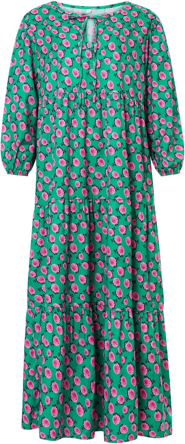 Women's Floral Puff Sleeve Maxi Dress Summer Bohemian V Neck Tiered Long Dress Casual Loose Swing Beach Sundress