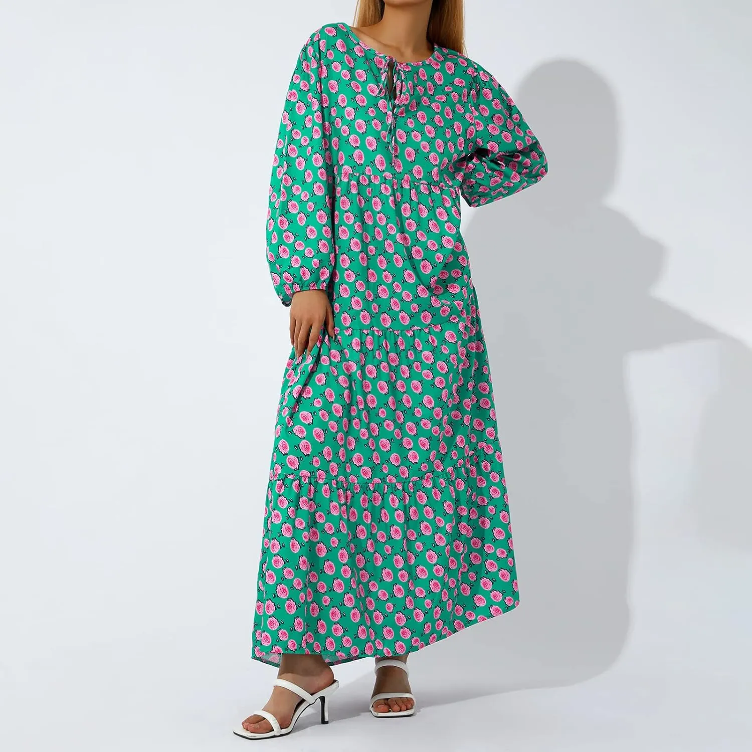 Women's Floral Puff Sleeve Maxi Dress Summer Bohemian V Neck Tiered Long Dress Casual Loose Swing Beach Sundress