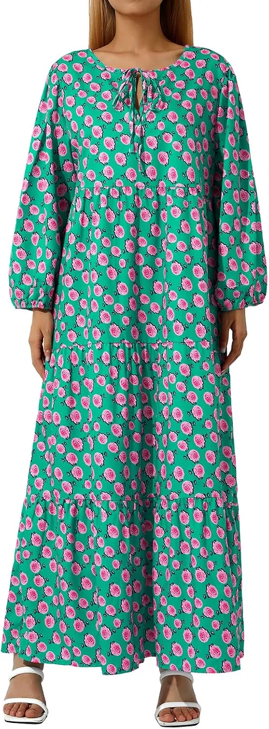 Women's Floral Puff Sleeve Maxi Dress Summer Bohemian V Neck Tiered Long Dress Casual Loose Swing Beach Sundress