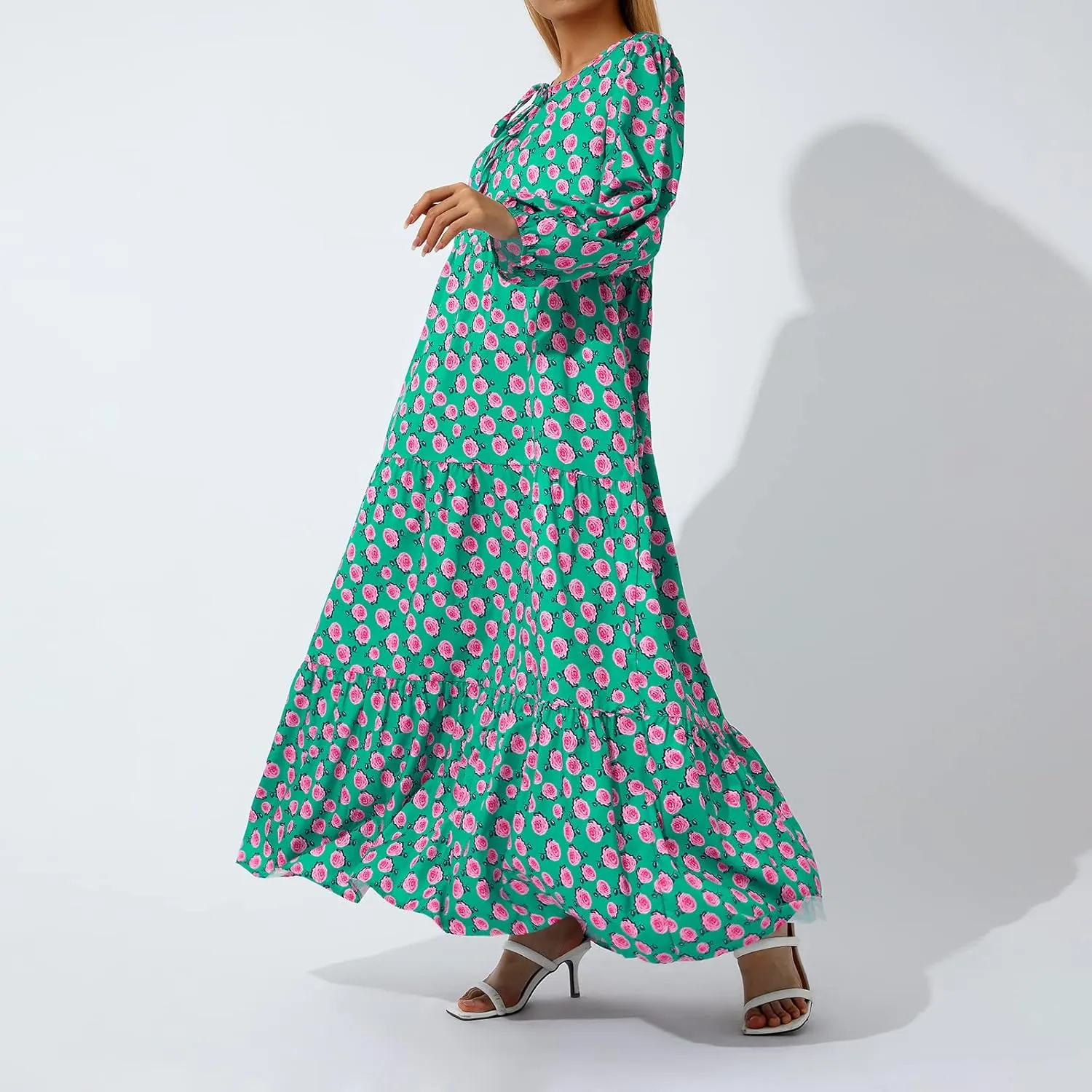 Women's Floral Puff Sleeve Maxi Dress Summer Bohemian V Neck Tiered Long Dress Casual Loose Swing Beach Sundress