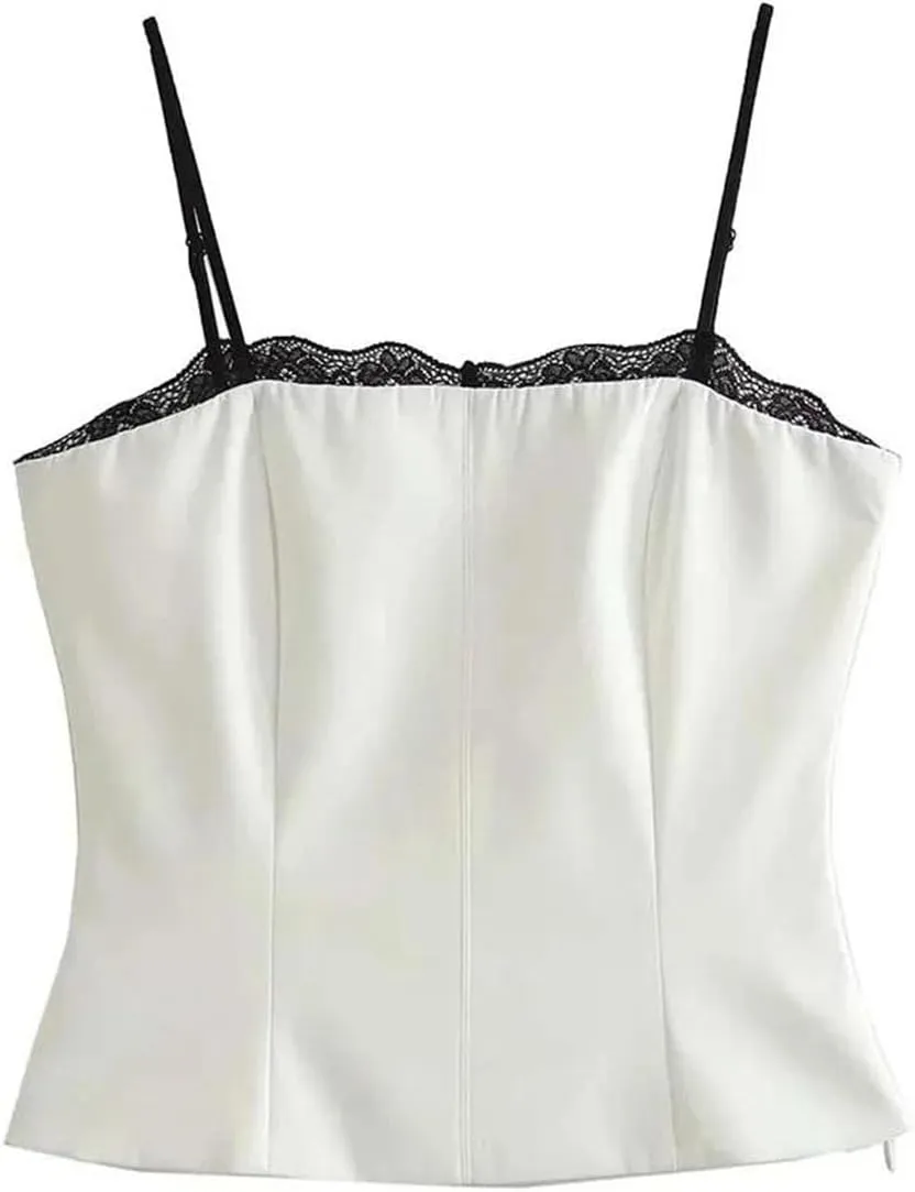Women's Lace-Trim Splicing Crop Top Female Off-Shoulder Sleeveless Backless Short Camisoles